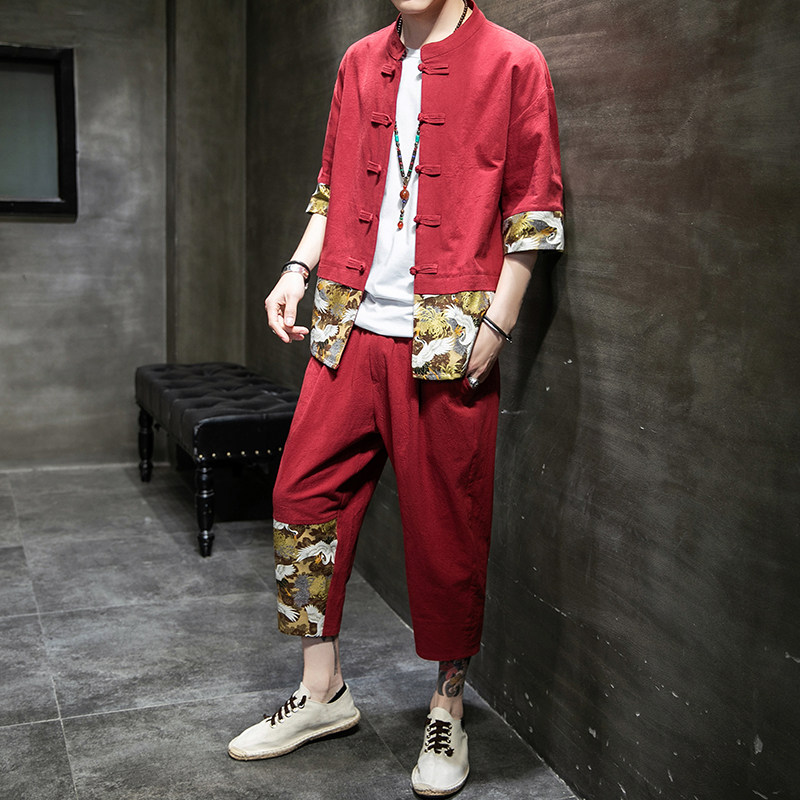 夏季风唐装汉服大码中式复古短袖套装两件套男A118-TZ206P100，男装休闲套装，电商A118