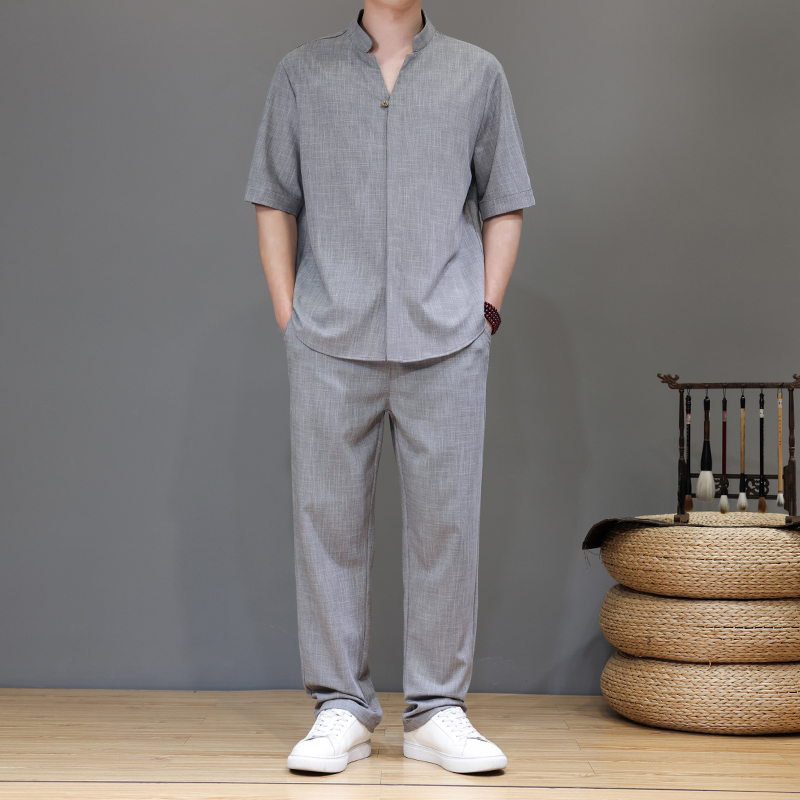夏季风亚麻天丝高端唐装短袖套装茶服男A118-TZ2503P165控228，男装休闲套装，电商A118