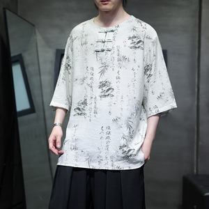 夏季风男装大码宽松短袖新中式冰丝印花T恤A118-T501P60控78图片