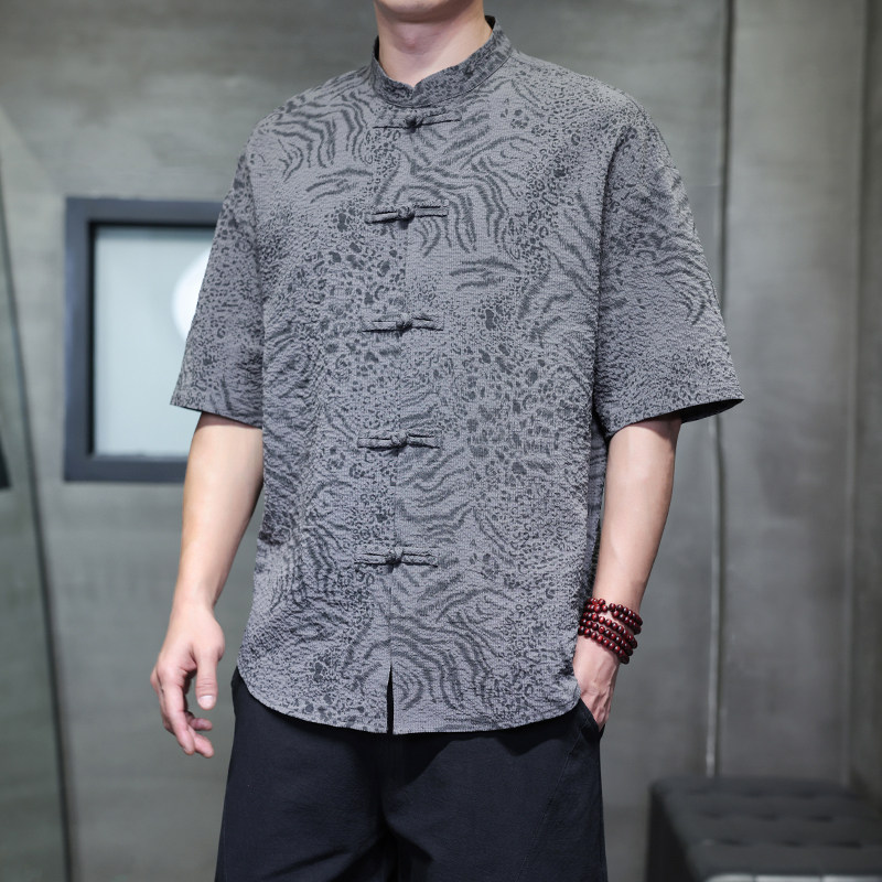 夏季风男装新中式唐装短袖大码复古豹纹衬衫A118-C033P70控99,男装衬衫,电商A118