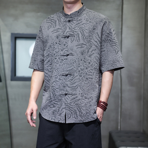 夏季风男装新中式唐装短袖大码复古豹纹衬衫A118-C033P70控99图片