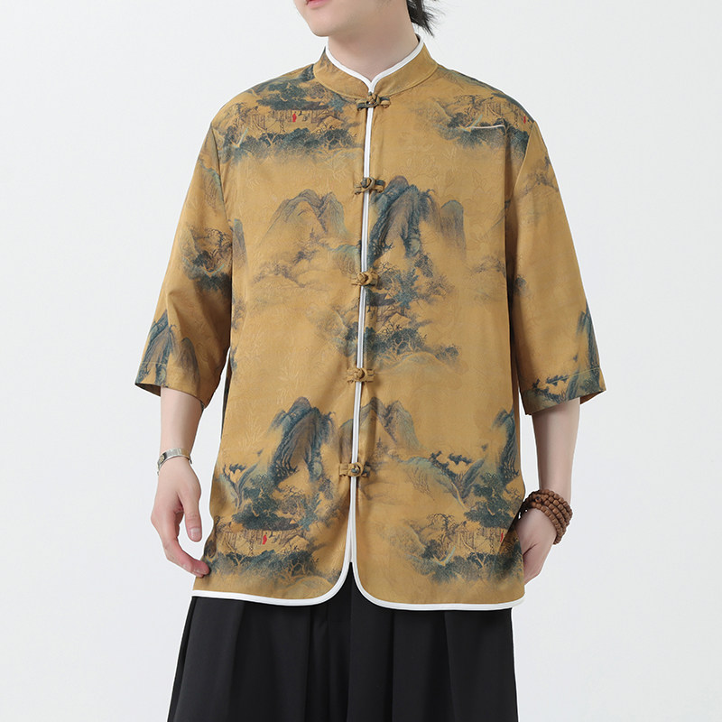 夏季风冰丝唐装盘扣中式印花半袖衬衣汉服男A118-C05P65控88,男装T恤,电商A118