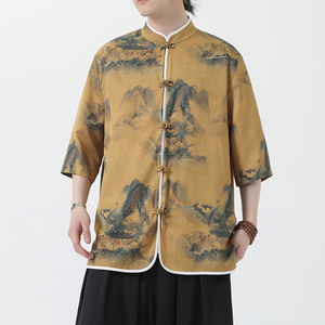 夏季风冰丝唐装盘扣中式印花半袖衬衣汉服男A118-C05P65控88图片