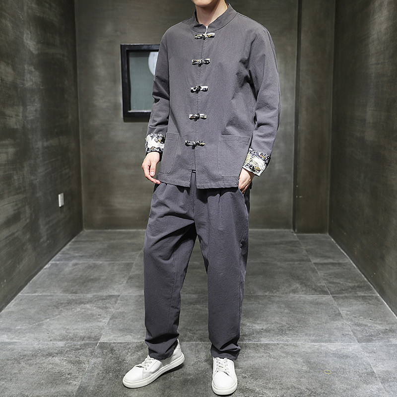 风春季印花衬衫套装中式棉麻唐装复古两件套男A118-TZ2023P95,男装衬衫,电商A118