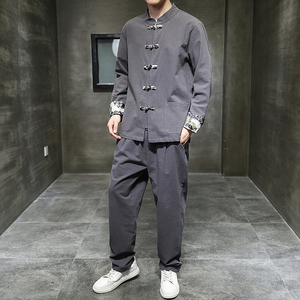风春季印花衬衫套装中式棉麻唐装复古两件套男A118-TZ2023P95图片