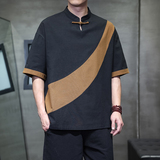 夏季风男装棉麻拼接复古唐装汉服大码短袖A118-T006P65控99，男装T恤，电商A118