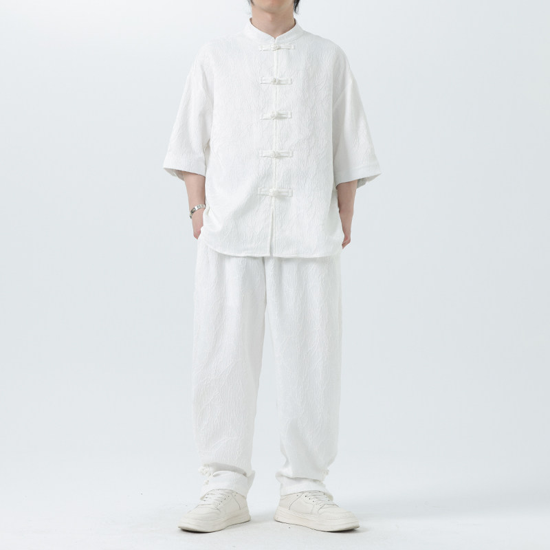夏季风套装大码唐装新中式衬衣两件套男A118-TZ030P110控158,男装休闲套装,电商A118