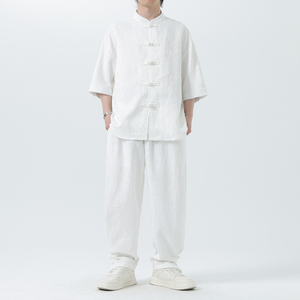 夏季风套装大码唐装新中式衬衣两件套男A118-TZ030P110控158图片
