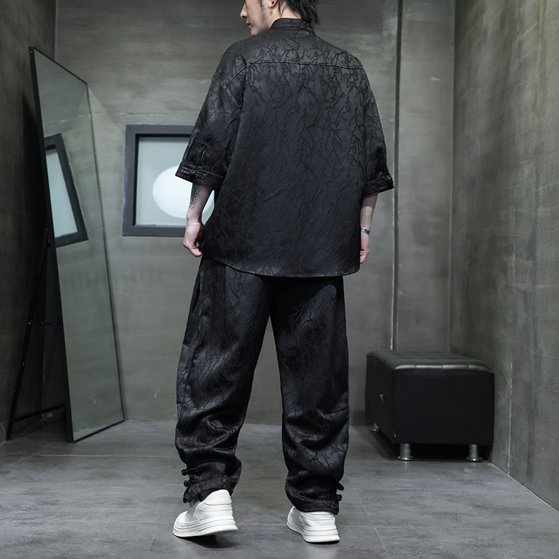 夏季风男装冰丝短袖套装新中式盘扣唐装A118-TZ030P110控158,男装休闲套装,电商A118