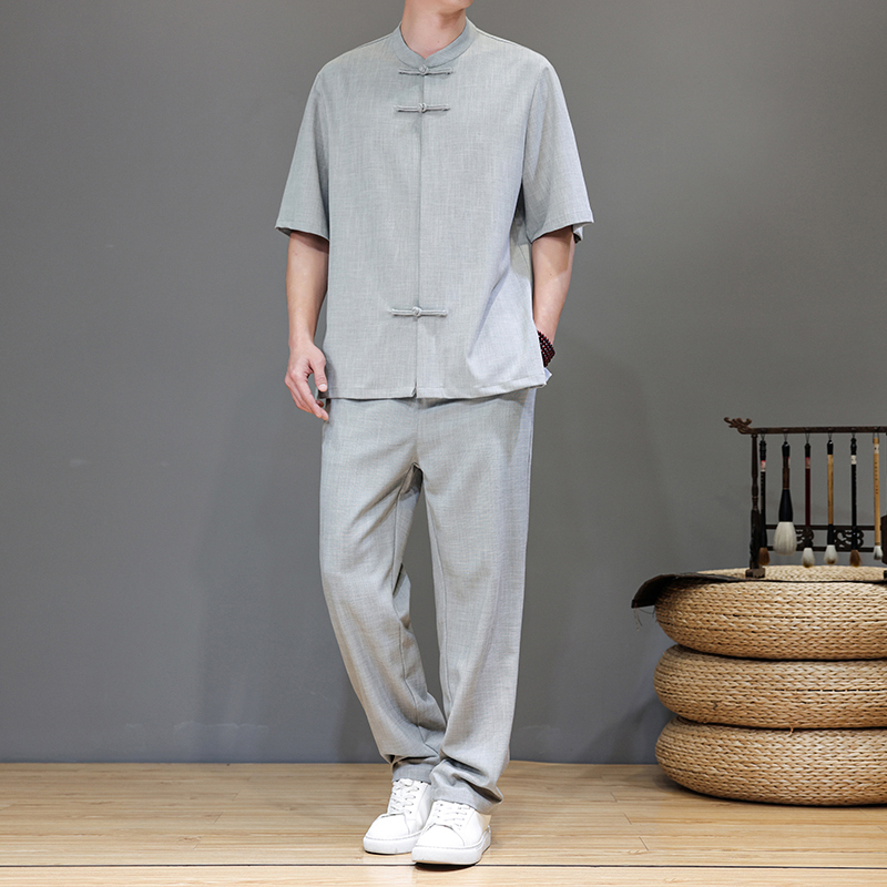 风夏季套装天丝亚麻短袖唐装轻奢茶服男A118-TZ2502P165控228，男装休闲套装，电商A118