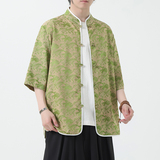 夏季风唐装短袖印花衬衫冰丝盘扣大码汉服男A118-C03P65控88，男装衬衫，电商A118