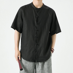 纯亚麻夏季风男装短袖新中式衬衫盘扣唐装A118-C805-P85图片