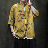 2024风男装夏季冰丝印花短袖唐装宽松衬衣T恤A118-C01P65控88，男装T恤，电商A118