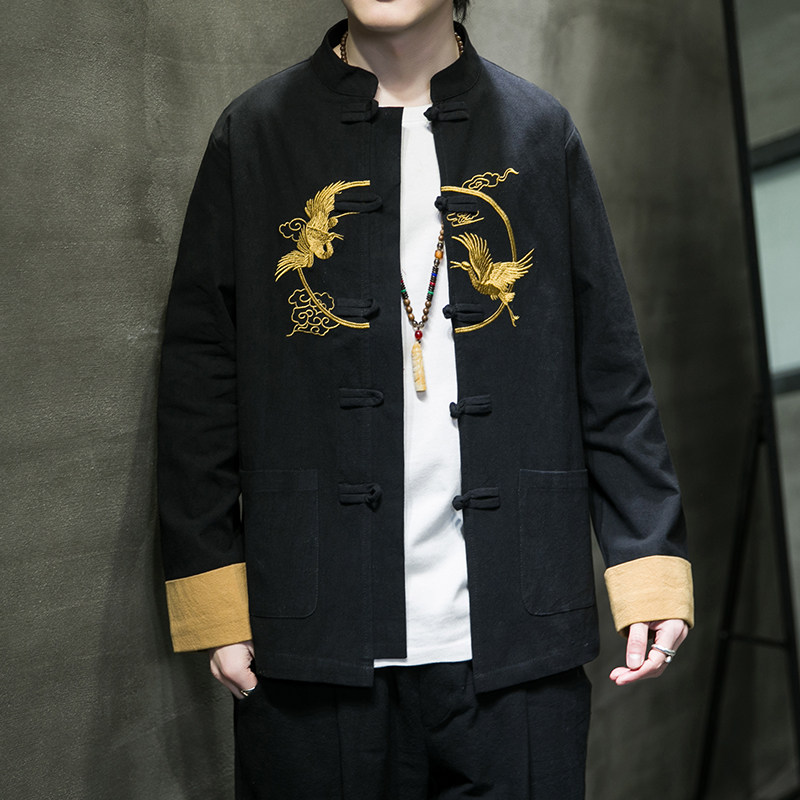 秋季风立领刺绣仙鹤唐装汉服中式复古大码衬衫男A118-SY61P75,男装衬衫,电商A118