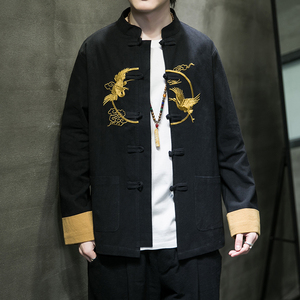 秋季风立领刺绣仙鹤唐装汉服中式复古大码衬衫男A118-SY61P75图片