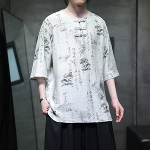 夏季风男装大码宽松短袖新中式冰丝印花T恤A118-T501P60控78图片