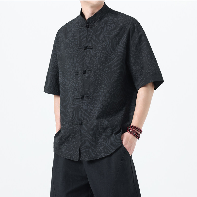 夏季风男装豹纹短袖衬衫唐装复古大码衬衣A118-C033P70控99,男装T恤,电商A118