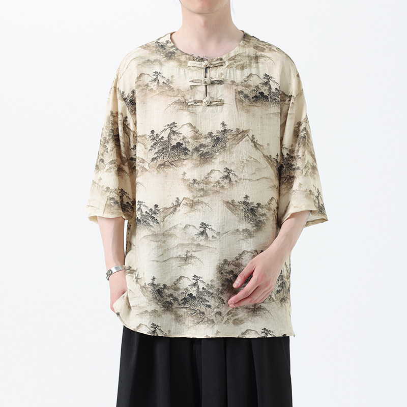 夏季风冰丝短袖新中式汉服印花半袖T恤男A118-T501P60控78,男装T恤,电商A118