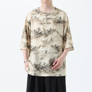 夏季风冰丝短袖新中式汉服印花半袖T恤男A118-T501P60控78图片