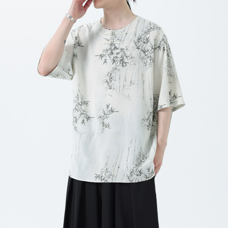 夏季风男装新中式棉麻短袖亚麻T恤印花汉服男A118-C23P65控88,男装T恤,电商A118