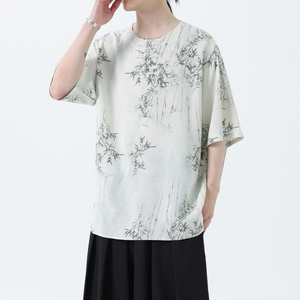 夏季风男装新中式棉麻短袖亚麻T恤印花汉服男A118-C23P65控88图片