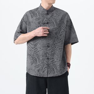 夏季风短袖唐装中式复古豹纹大码立领衬衫男A118-C033P70控99图片