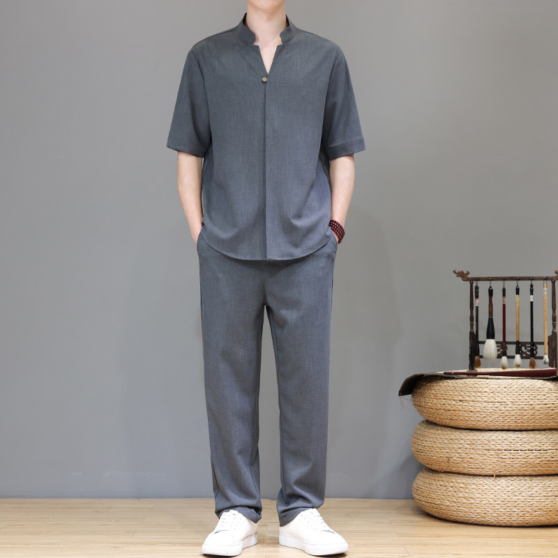 夏季新中式男士唐装天丝亚麻中山装复古套装A118-TZ2503P165控228，男装休闲套装，电商A118