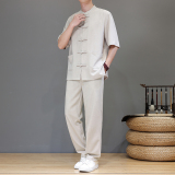 新中式夏季唐装天丝亚麻高端复古大码短袖男A118-TZ2501P165控228，男装休闲套装，电商A118