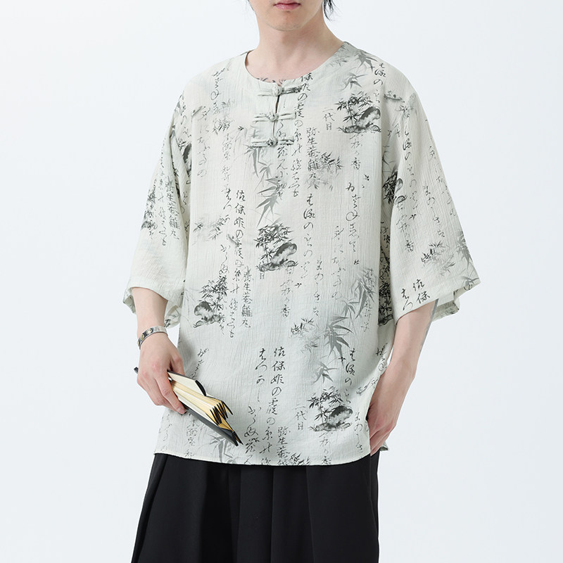 夏季风冰丝短袖新中式汉服印花半袖T恤男A118-T501P60控78图片