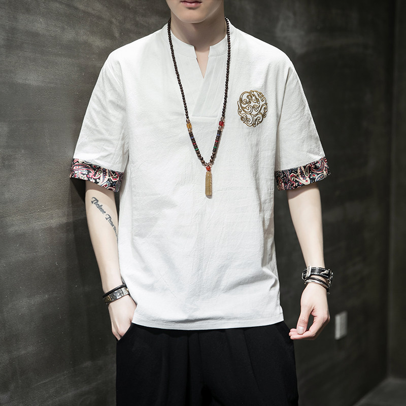 风夏季唐装短袖T恤棉麻亚麻大码宽松汉服刺绣男A118-A02-P45,男装T恤,电商A118