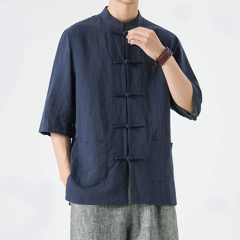 新中式男装风亚麻唐装夏季五分袖棉麻汉服男DS-A118-C803-P80,男装T恤,电商A118