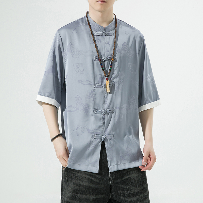 夏季风男装唐装冰丝提花短袖大码衬衫DS-A118-C808-P65-控98，男装衬衫，电商A118