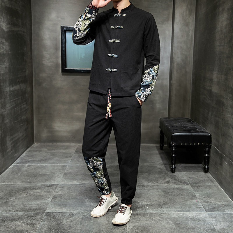 风唐装男春秋棉麻套装新中式大码衬衫两件套A118-TZ1990-P90,男装衬衫,电商A118