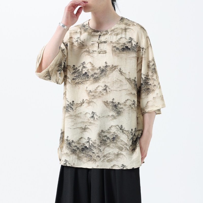 夏季风冰丝短袖新中式汉服印花半袖T恤男A118-T501P60控78,男装T恤,电商A118