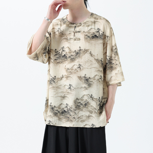夏季风冰丝短袖新中式汉服印花半袖T恤男A118-T501P60控78图片