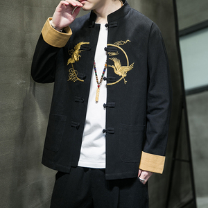 秋季风立领刺绣仙鹤唐装汉服中式复古大码衬衫男A118-SY61P75图片
