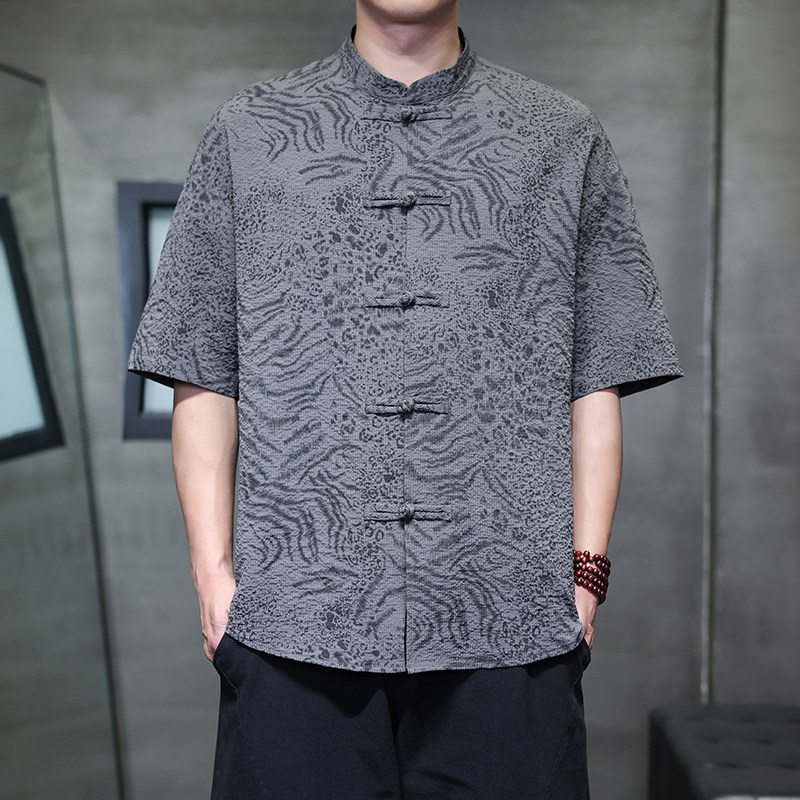 夏季风男装新中式唐装短袖大码复古豹纹衬衫A118-C033P70控99，男装衬衫，电商A118