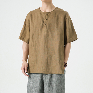 纯亚麻春夏风男装唐装中式大码宽松短袖T恤A118-T908-P85图片
