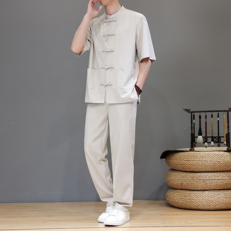 新中式夏季唐装天丝亚麻高端复古大码短袖男A118-TZ2501P165控228,男装休闲套装,电商A118