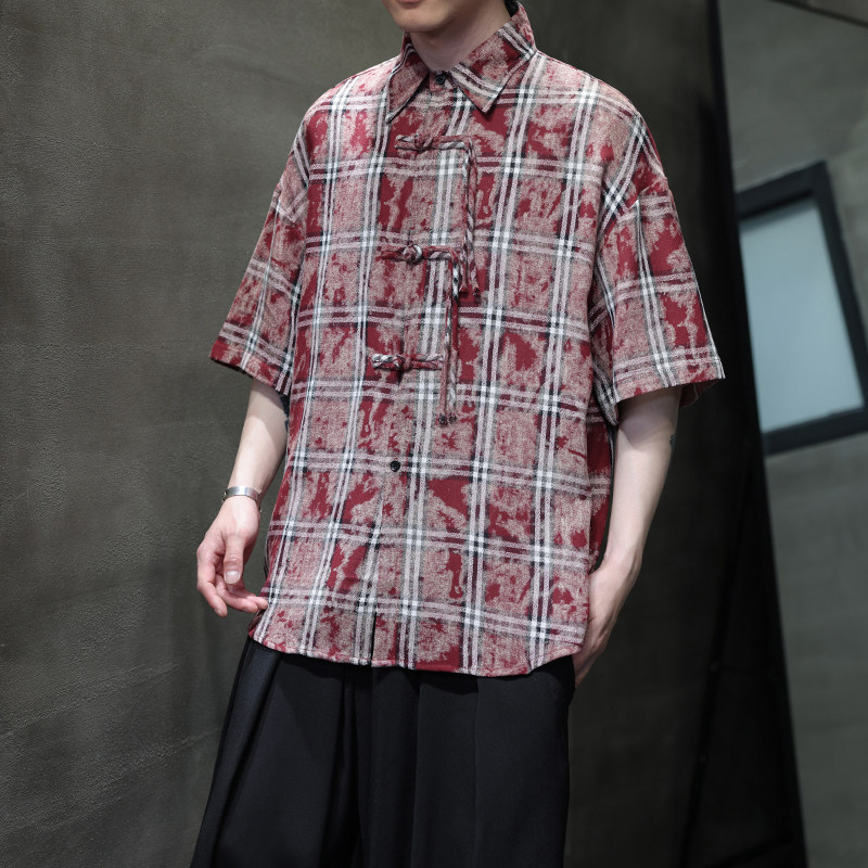 夏季风男装短袖衬衫新中式扎染盘扣格子衬衣A118-C15P65控98,男装衬衫,电商A118