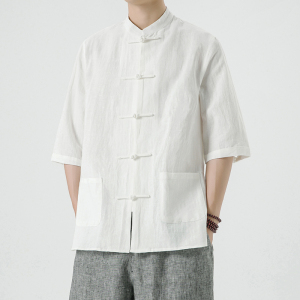 2025夏季风男装唐装汉服短袖中式复古大码衬衫A118-C803P80图片