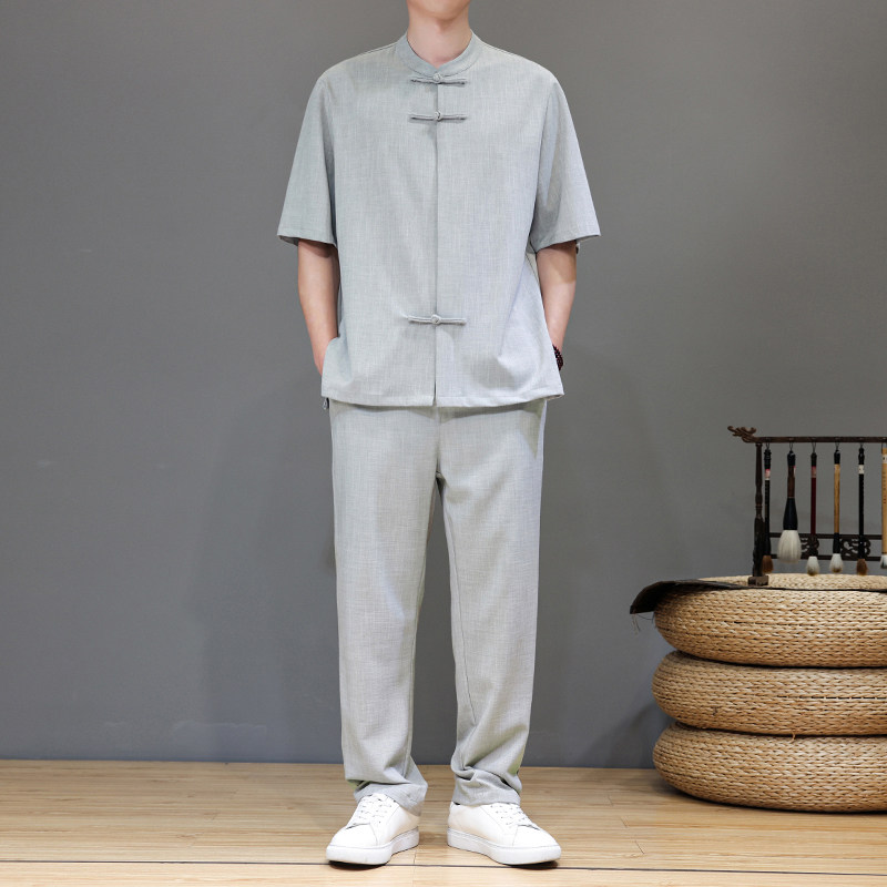 风夏季套装天丝亚麻短袖唐装轻奢茶服男A118-TZ2502P165控228,男装休闲套装,电商A118