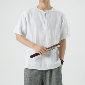 纯亚麻夏季风男装短袖唐装T恤大码宽松上衣A118-T910-P85图片