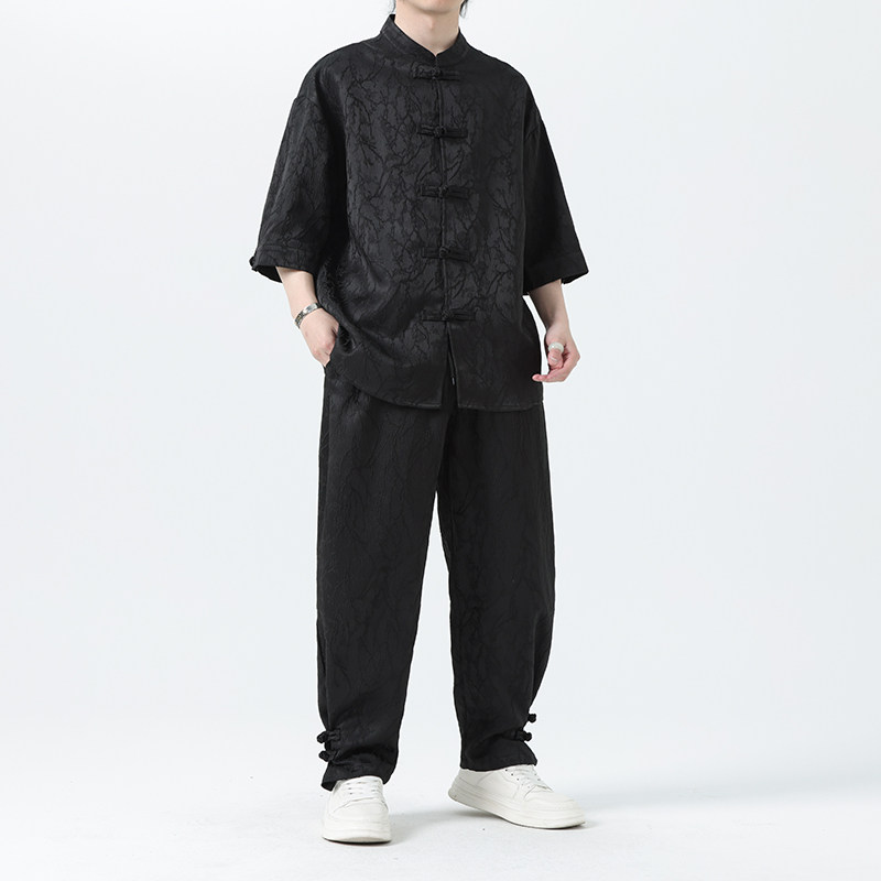 夏季风套装大码唐装新中式衬衣两件套男A118-TZ030P110控158,男装休闲套装,电商A118