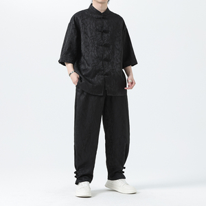 夏季风套装大码唐装新中式衬衣两件套男A118-TZ030P110控158图片