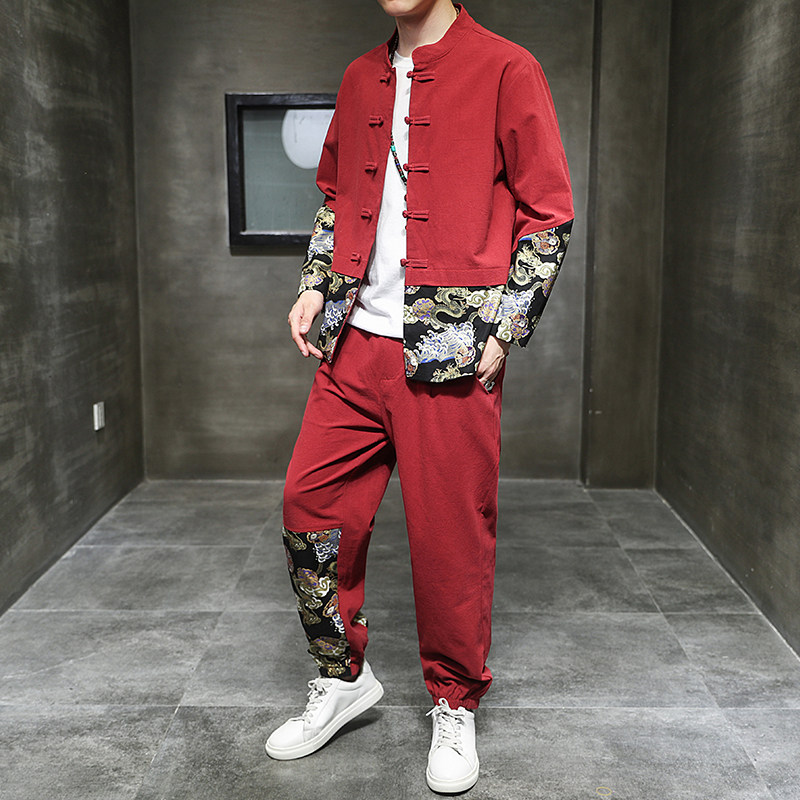 春季风男装棉麻唐装套装中式复古印花两件套A118-TZ2022-P95,男装休闲套装,电商A118