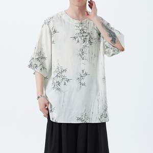 夏季风男装新中式棉麻短袖亚麻T恤印花汉服男A118-C23P65控88图片