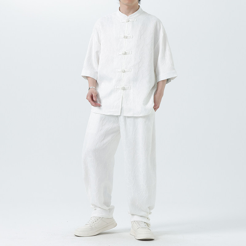 夏季风套装大码唐装新中式衬衣两件套男A118-TZ030P110控158,男装休闲套装,电商A118