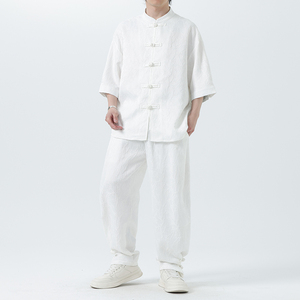 夏季风套装大码唐装新中式衬衣两件套男A118-TZ030P110控158图片