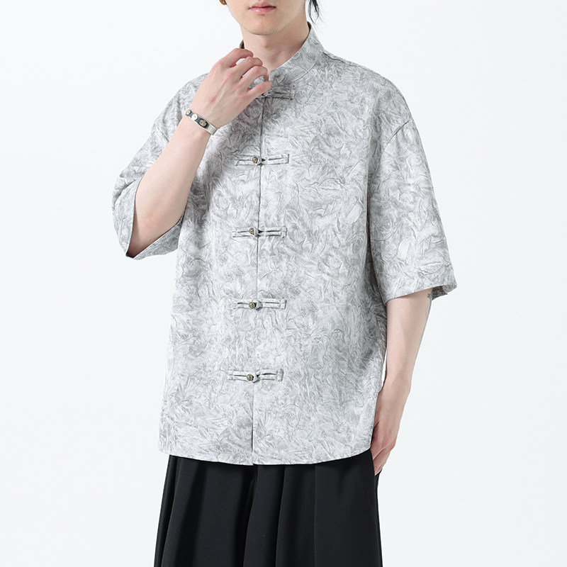 夏季风男装冰丝短袖衬衫新中式印花改良汉服A118-C21P65控88,男装T恤,电商A118